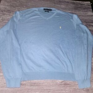 Polo Ralph Lauren‎ Blue V Neck Sweater Men's XXL 100% Pima Cotton Logo